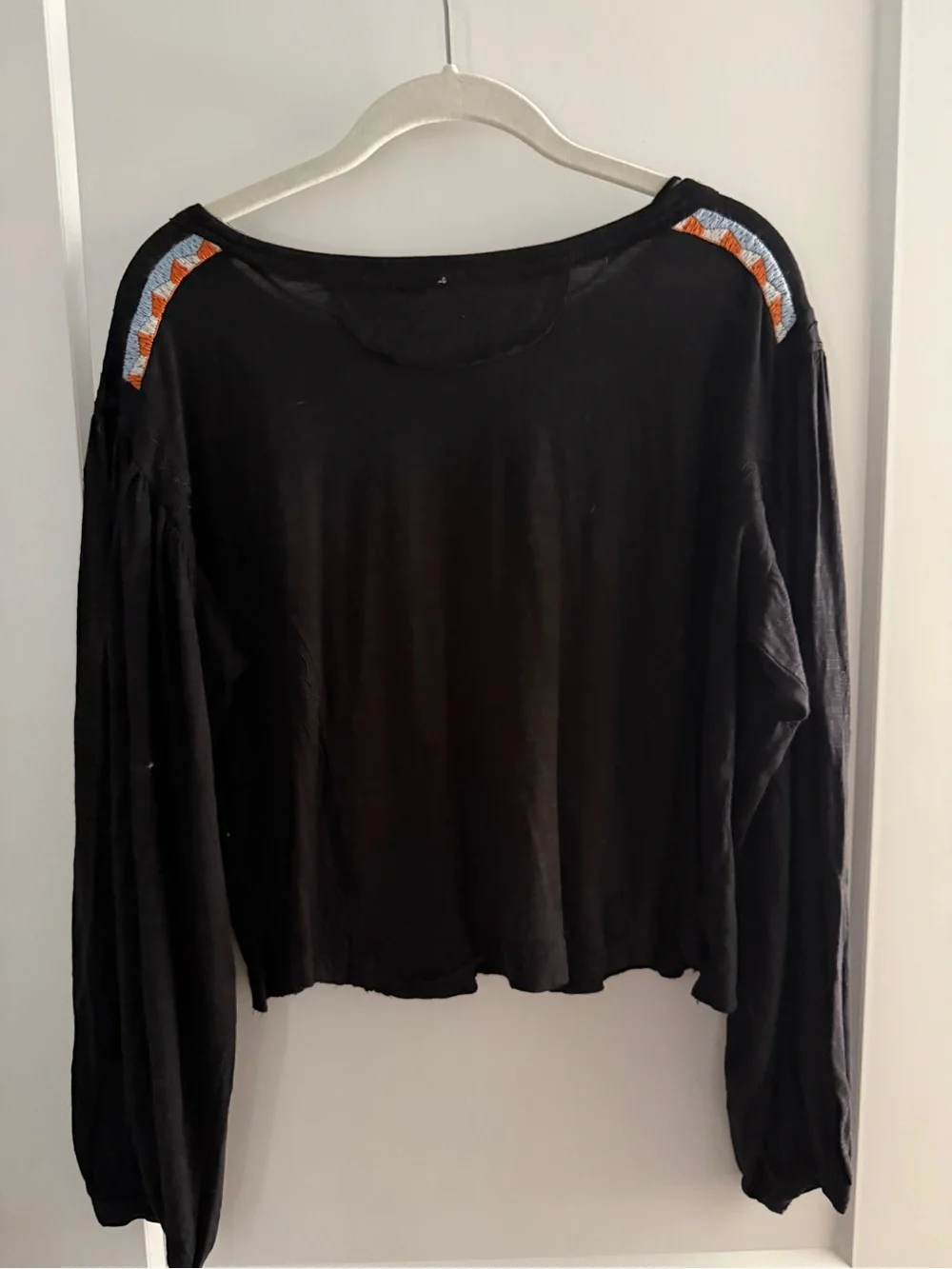 Free People Hand Me Down Boho Embroidered Top Balloon Sleeves Black Size Small